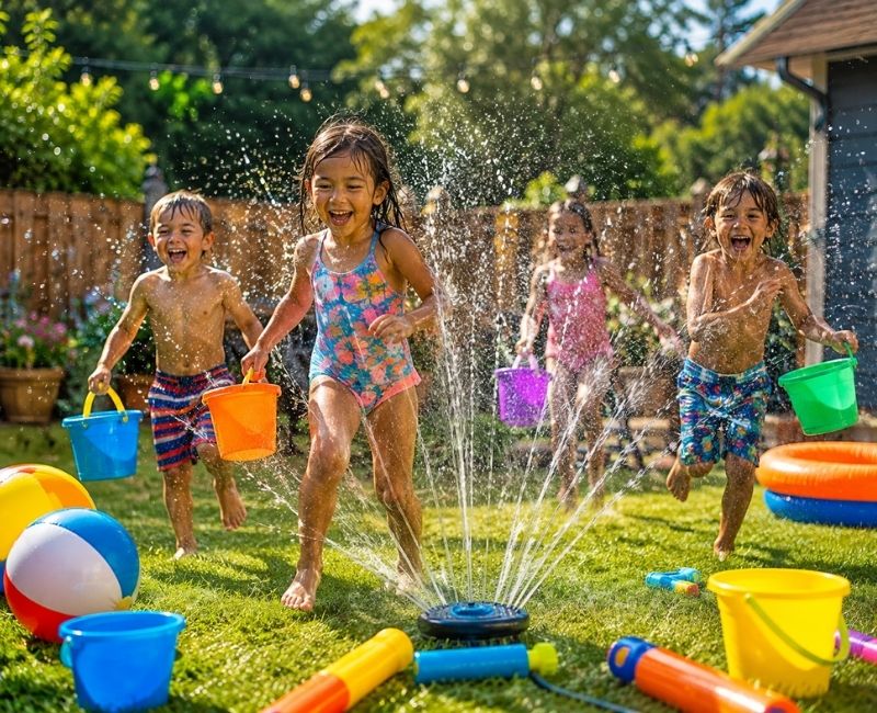 Kids playing with water outdoors
