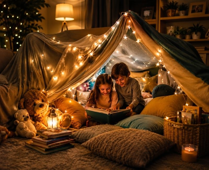 Kids playing in a blanket fort
