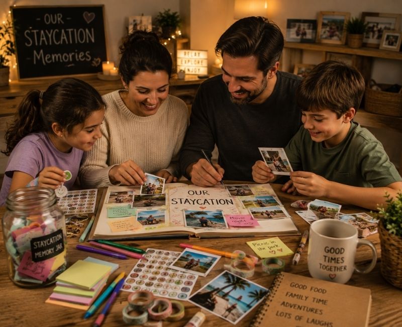 Family enjoying a cozy staycation at home