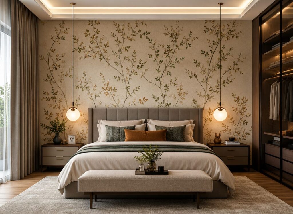 Modern bedroom with stylish wallpaper behind the bed