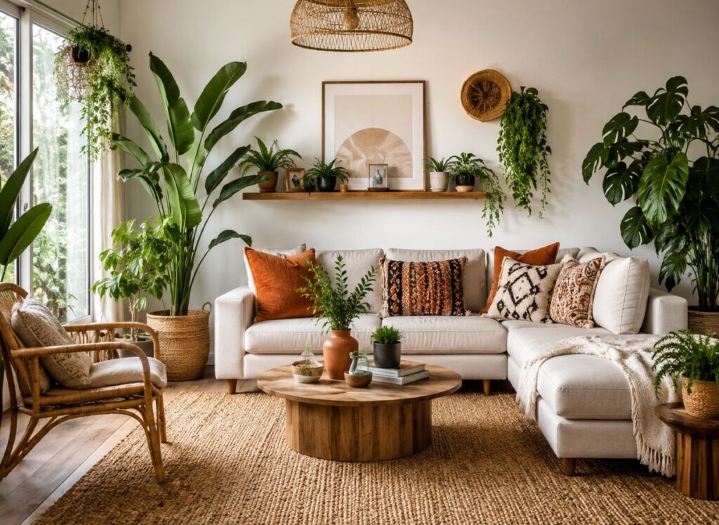 Modern boho living room with natural materials