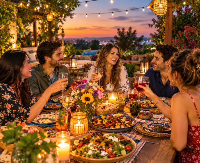 Friends enjoying a themed dinne