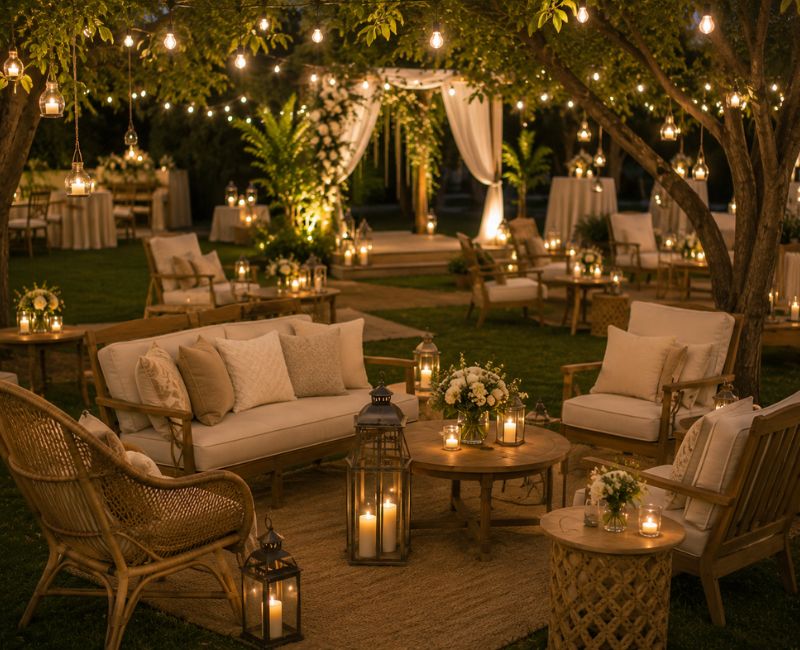 comfortable outdoor seating for a home wedding