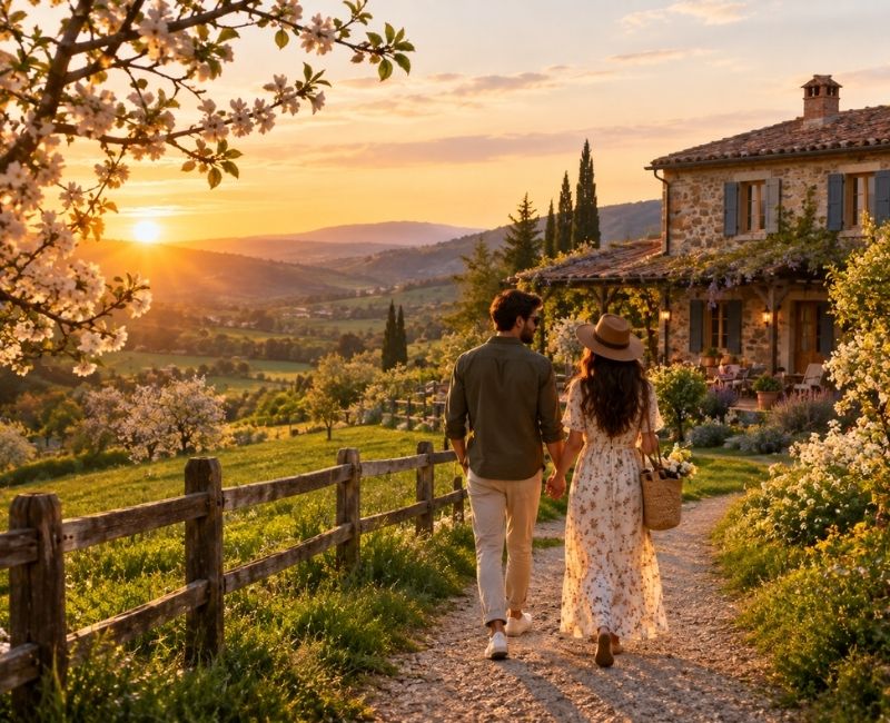 Couple walking countryside
