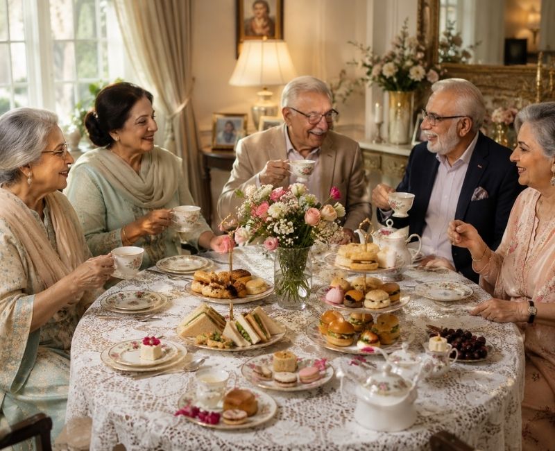 Family enjoying afternoon tea with seniors
