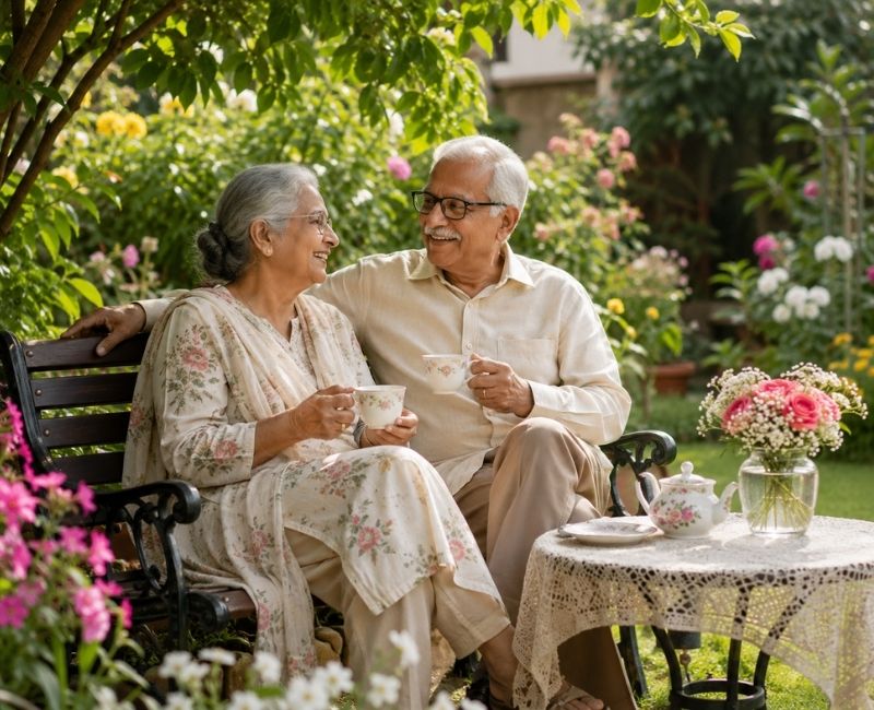 Senior couple relaxing in a peaceful garden