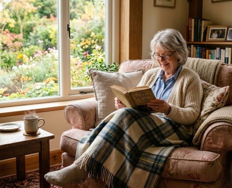  Senior relaxing in a cozy reading nook
