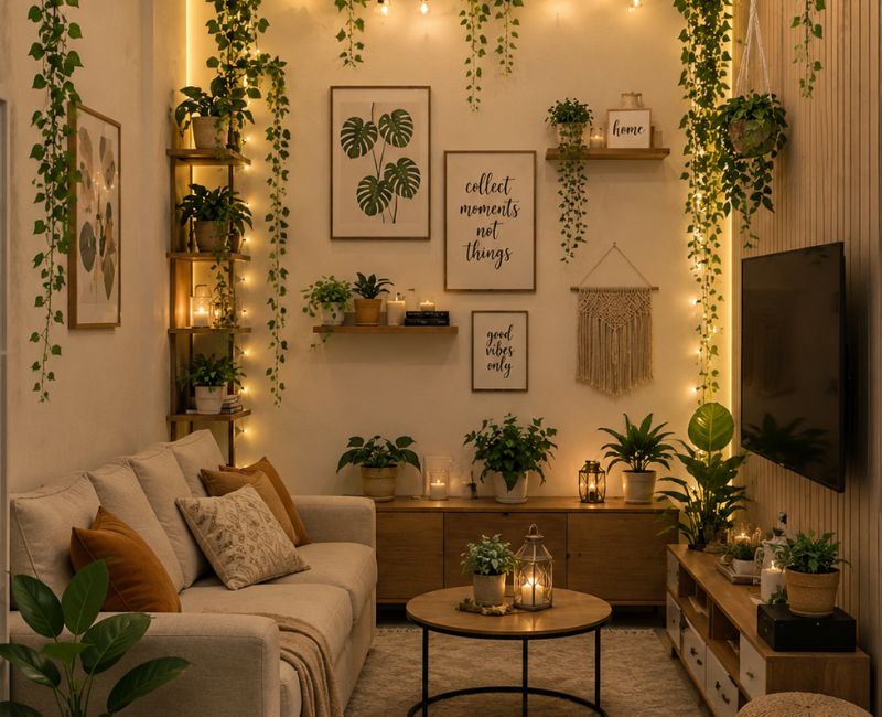 small home wedding decor with hanging greenery

