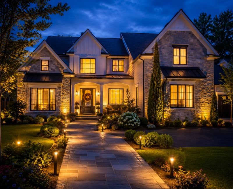 Warm exterior lighting creating a welcoming and stylish home entrance at night

