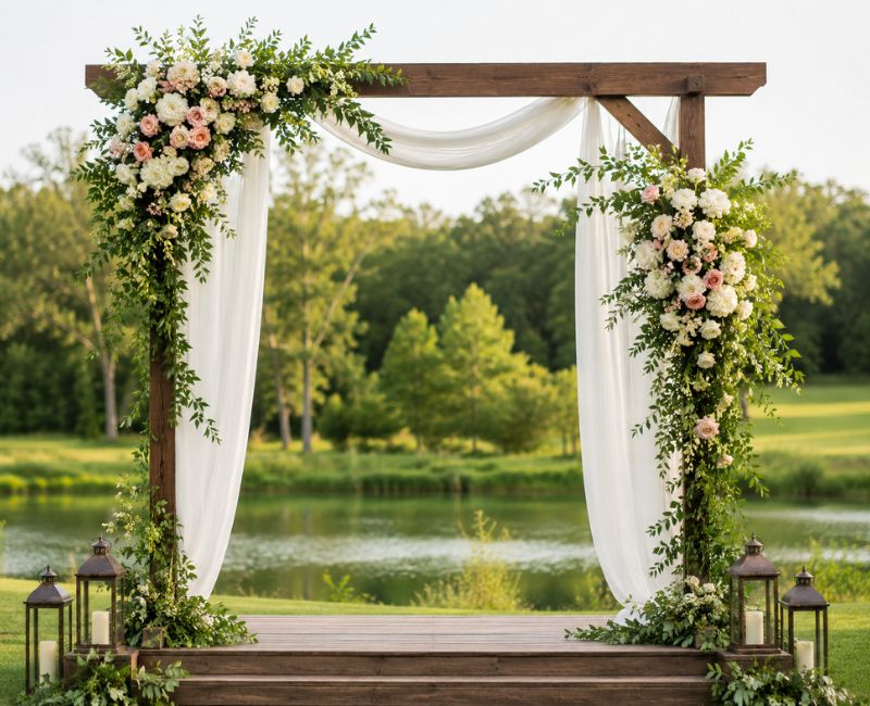 home wedding ceremony arch with flower