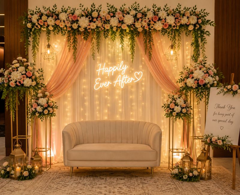home wedding photo backdrop with flowers

