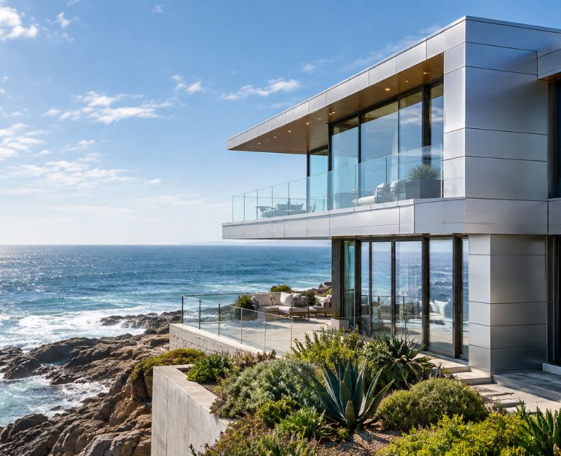 Coastal building with aluminum cladding