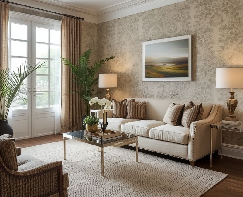 Finished wallpapered living room