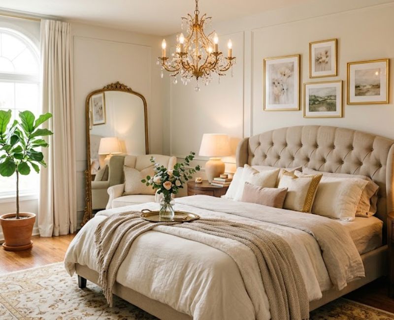 Gold chandelier in bedroom