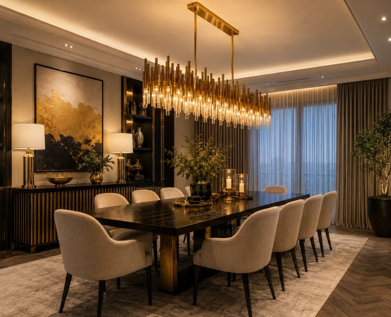 Gold chandelier over dining ta: ble