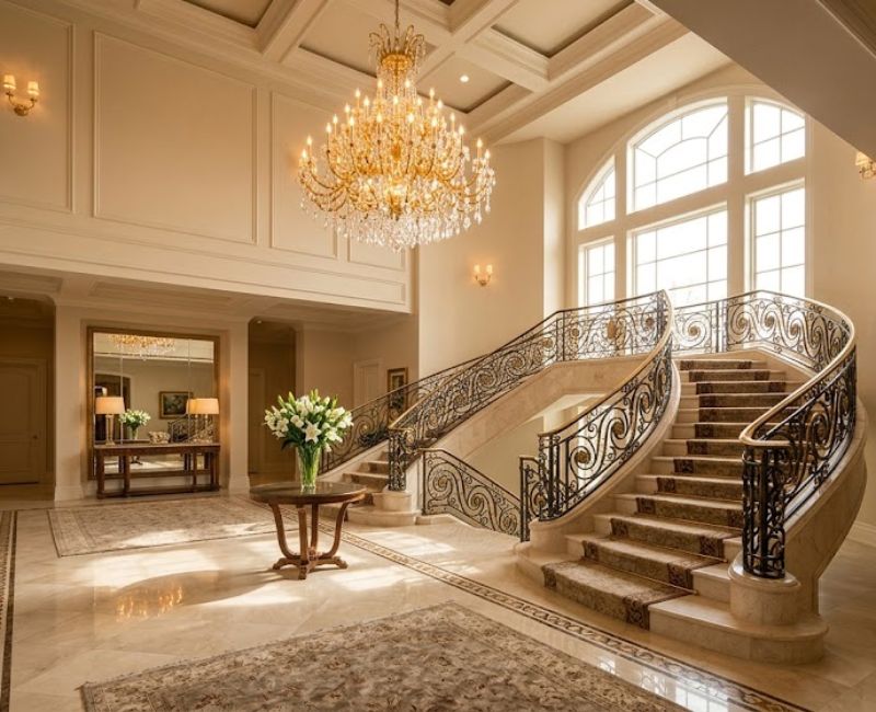 Gold chandelier in high ceiling foyer