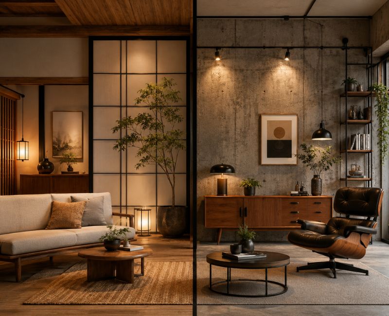 Japandi industrial mid century interior
