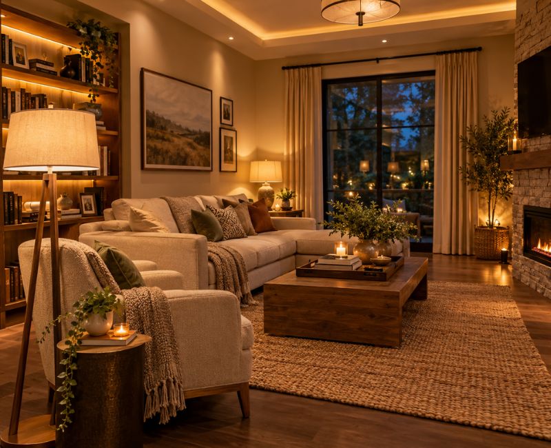 Layered lighting in cozy living room
