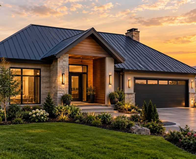 Durable prepainted steel roof on modern home
