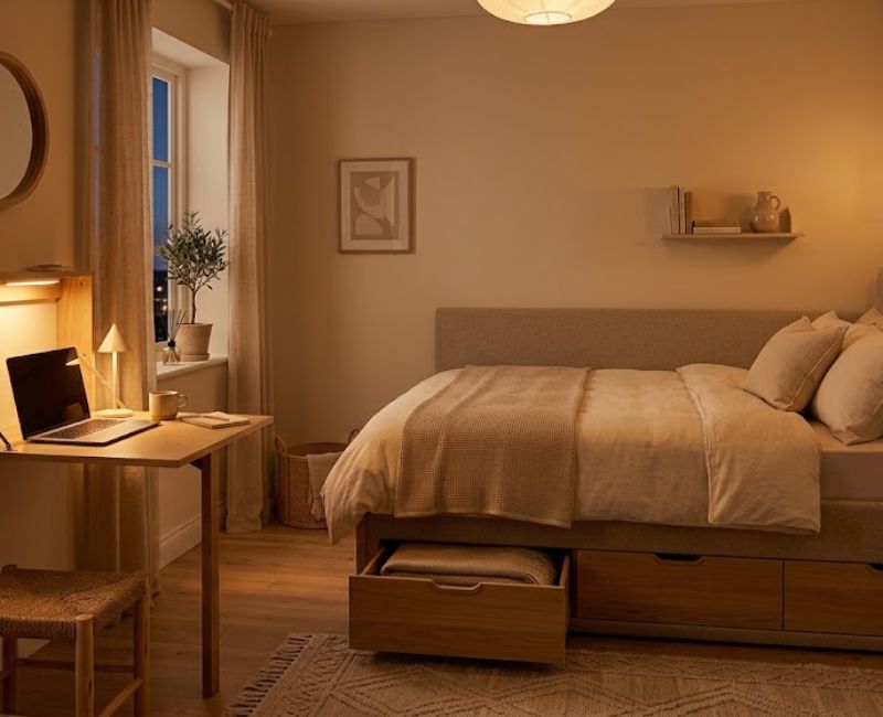  Warm layered lighting in small bedroom
