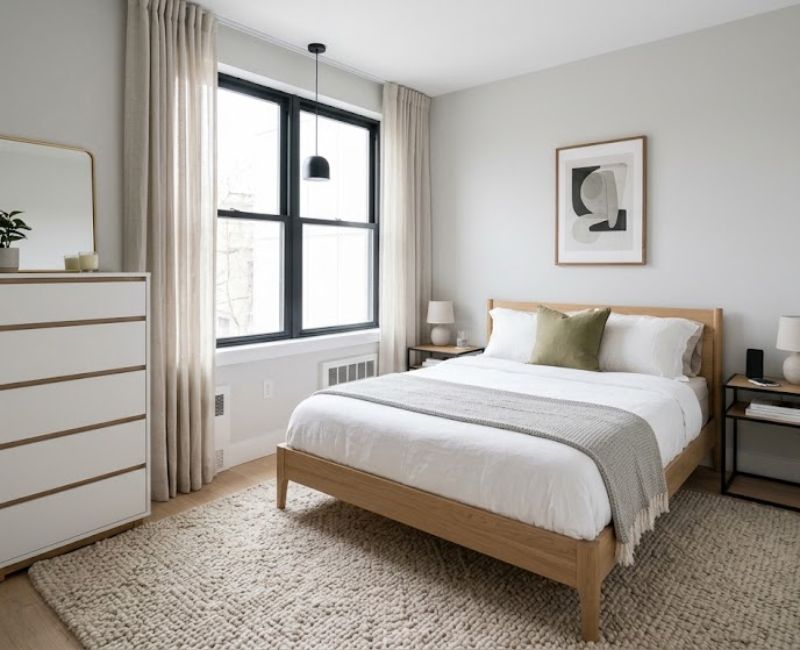 Small bedroom with rug and curtains
